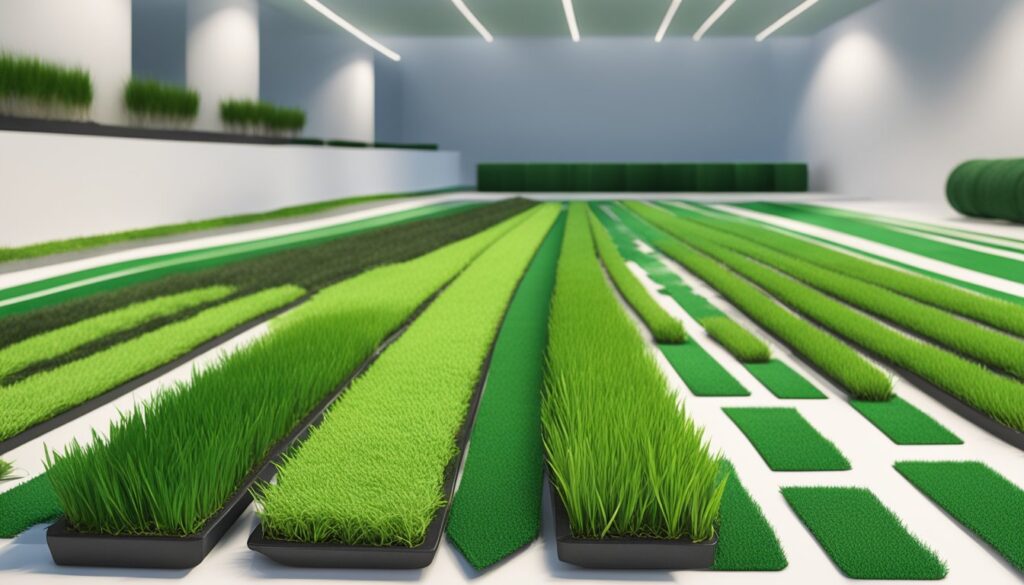 Various types of artificial turf displayed with their benefits. Price tags in Canadian dollars visible